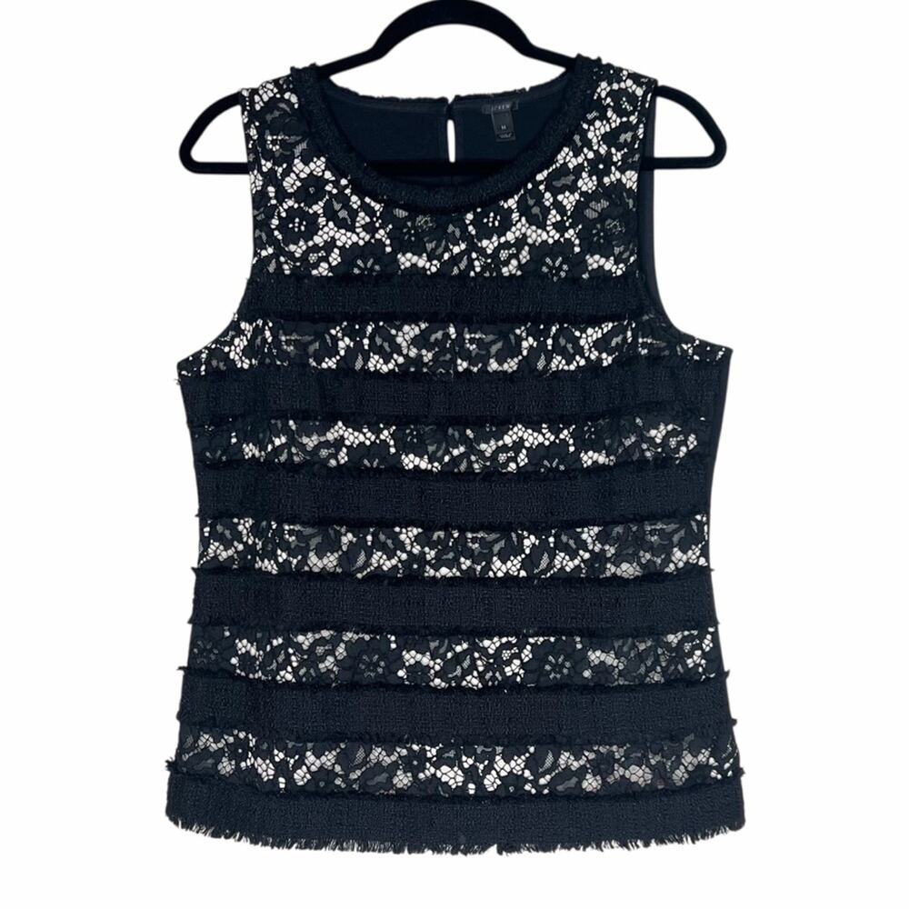 J Crew Fringy Tweed Lace Tank Top M Black Nude Eyelash Fringe Trim Blouse Career - Picture 1 of 8
